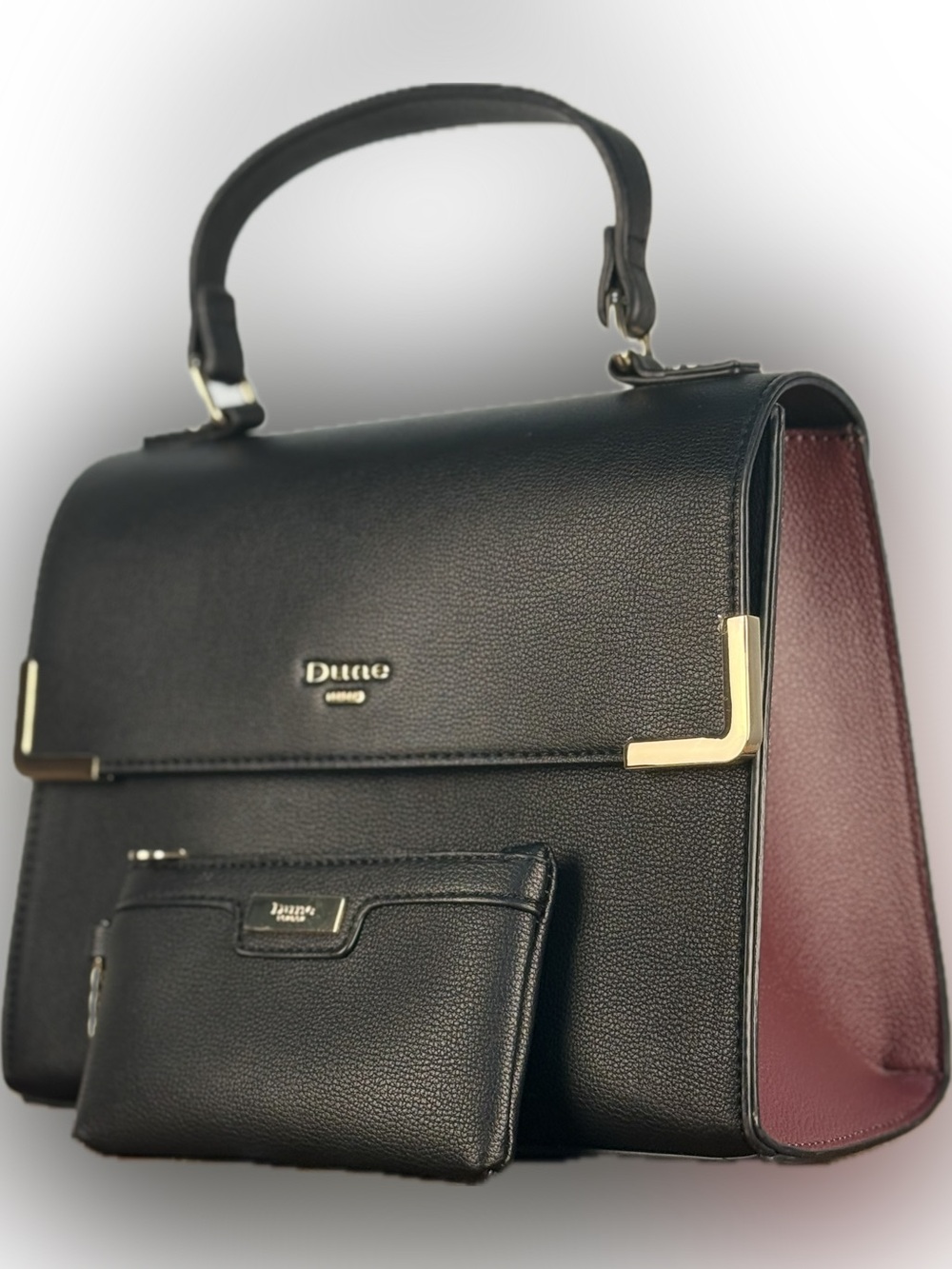 Dune London Black & Burgundy Structured Satchel Crossbody Bag + Pouch NWOT
